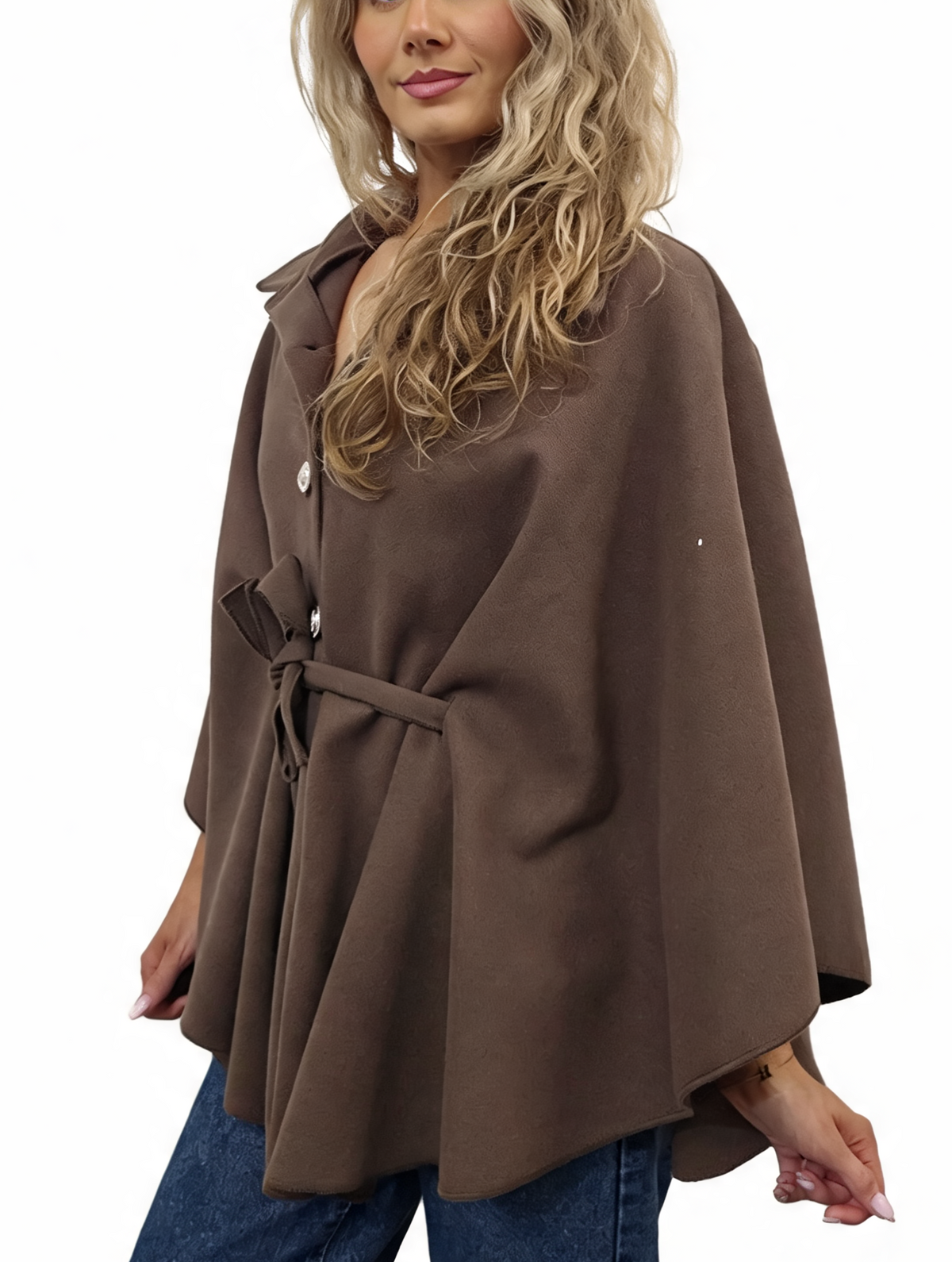 Women’s mocha brown button-up wrap cape poncho with collar and tie waist belt