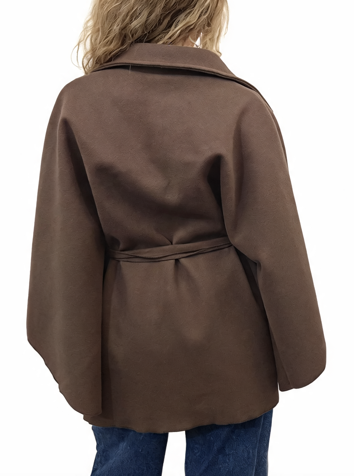 Brown wrap cape poncho jacket with collar and tie waist belt, back view