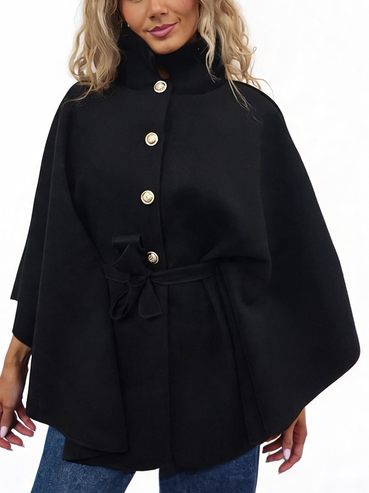 Women’s black button-up wrap cape poncho with collar and tie waist belt