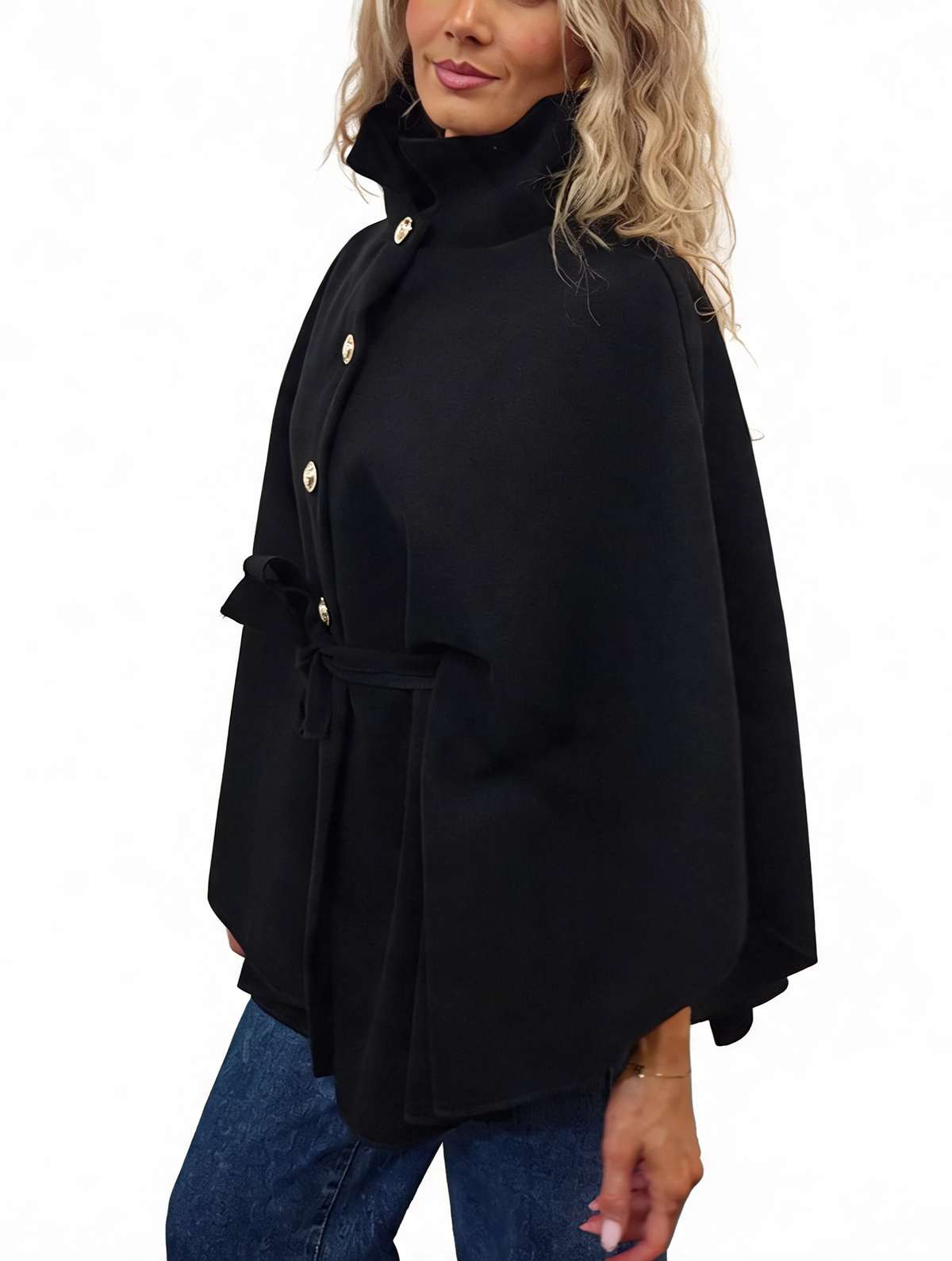 Women’s black button-up wrap cape poncho with neck button and tie waist
