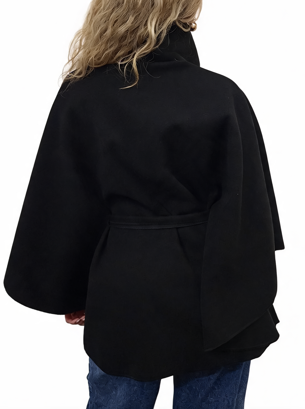 Women’s black button-up cape poncho with tie waist, shown from the back