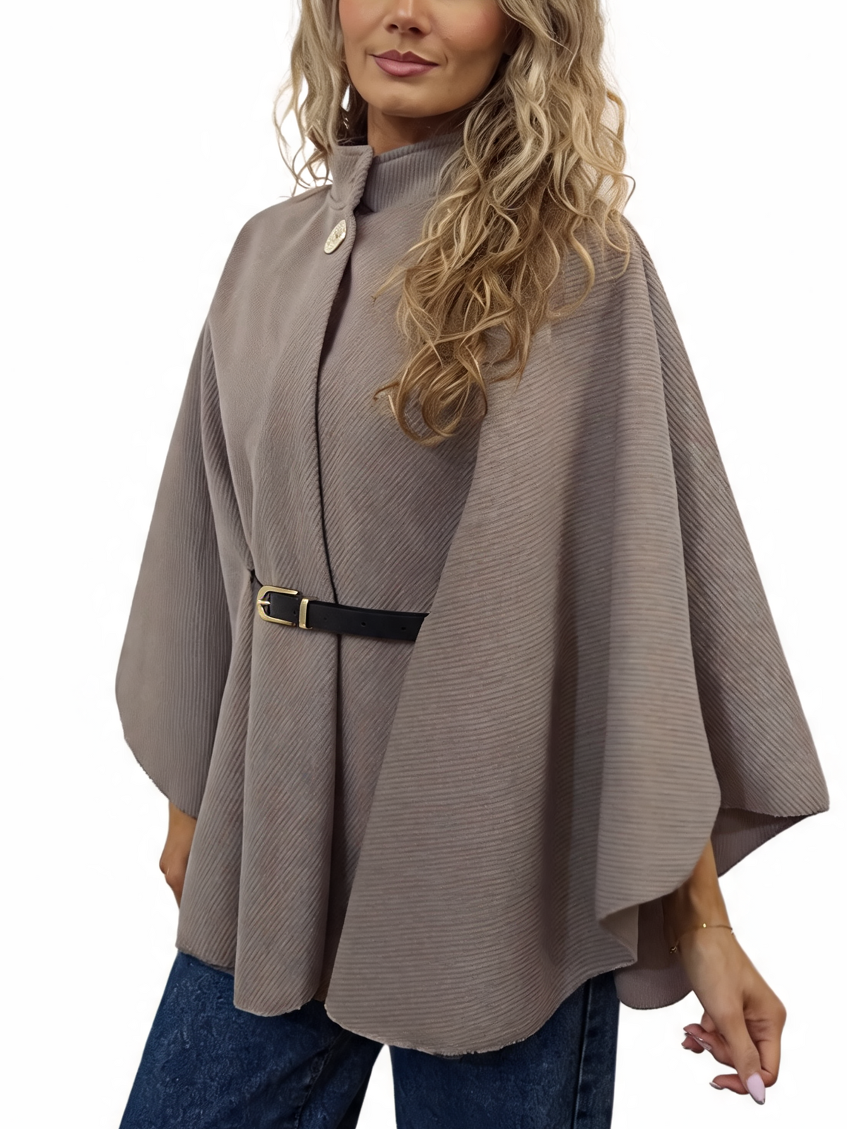 Diagonal stripe belted wrap jacket with funnel neck, taupe, adjustable side belt