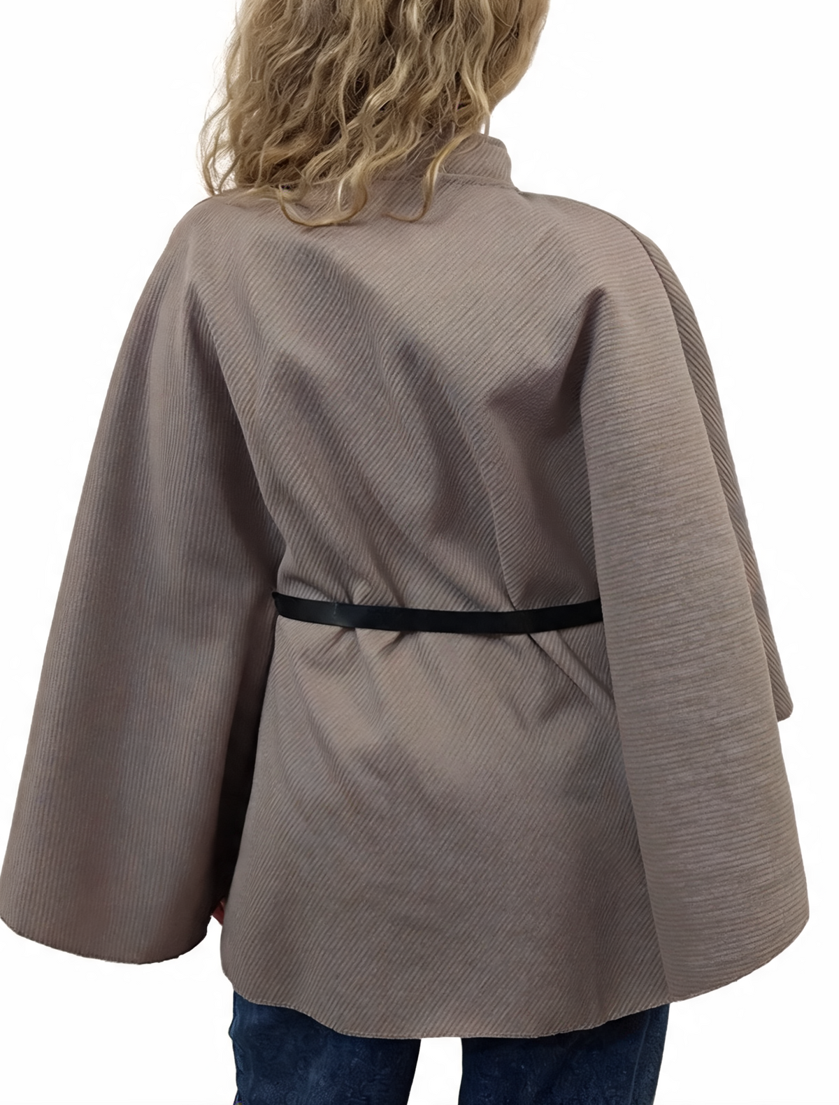 Diagonal stripe belted wrap jacket with funnel neck, taupe, back view