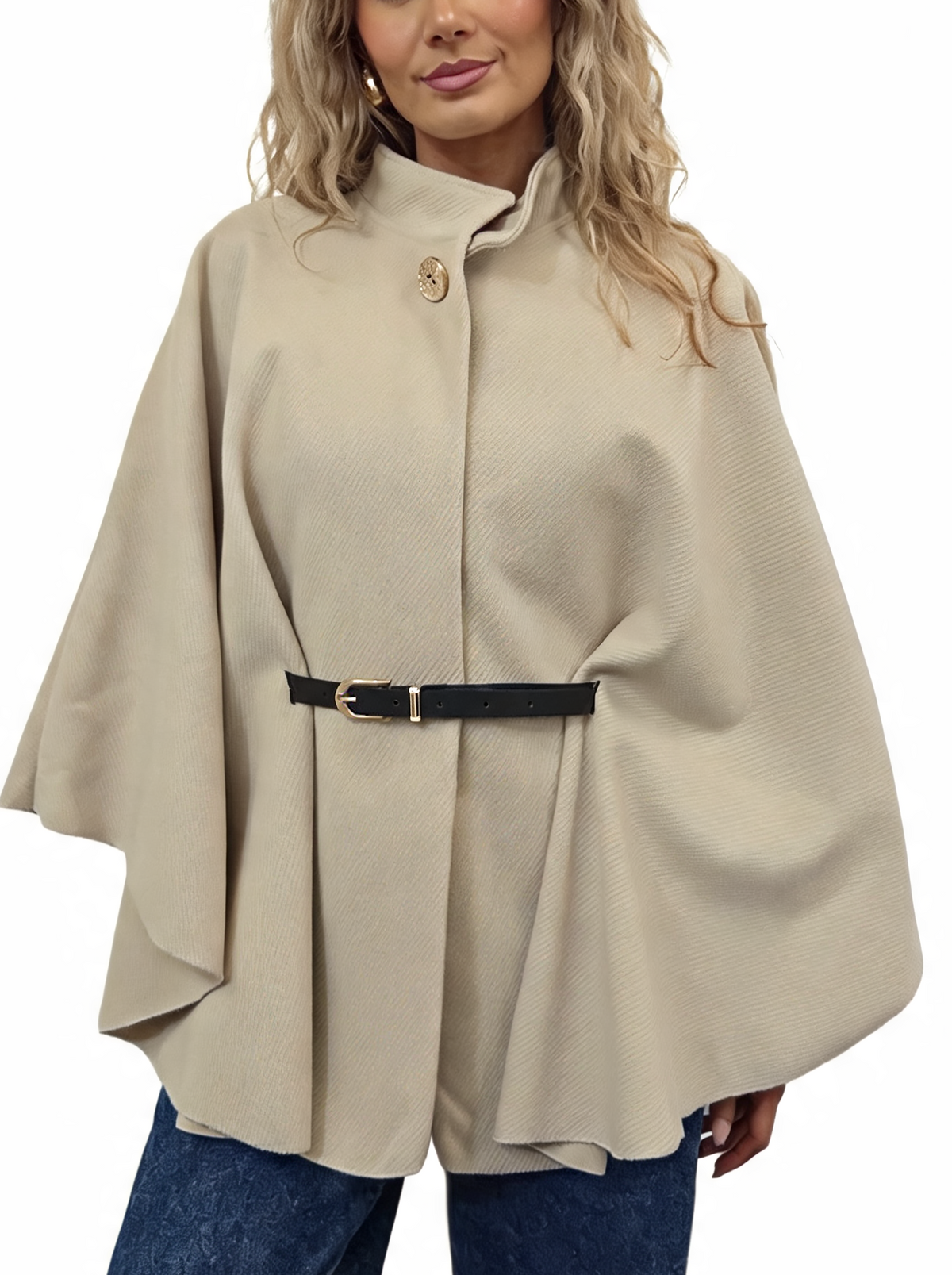 Beige belted wrap jacket poncho with funnel neck and diagonal stripe texture
