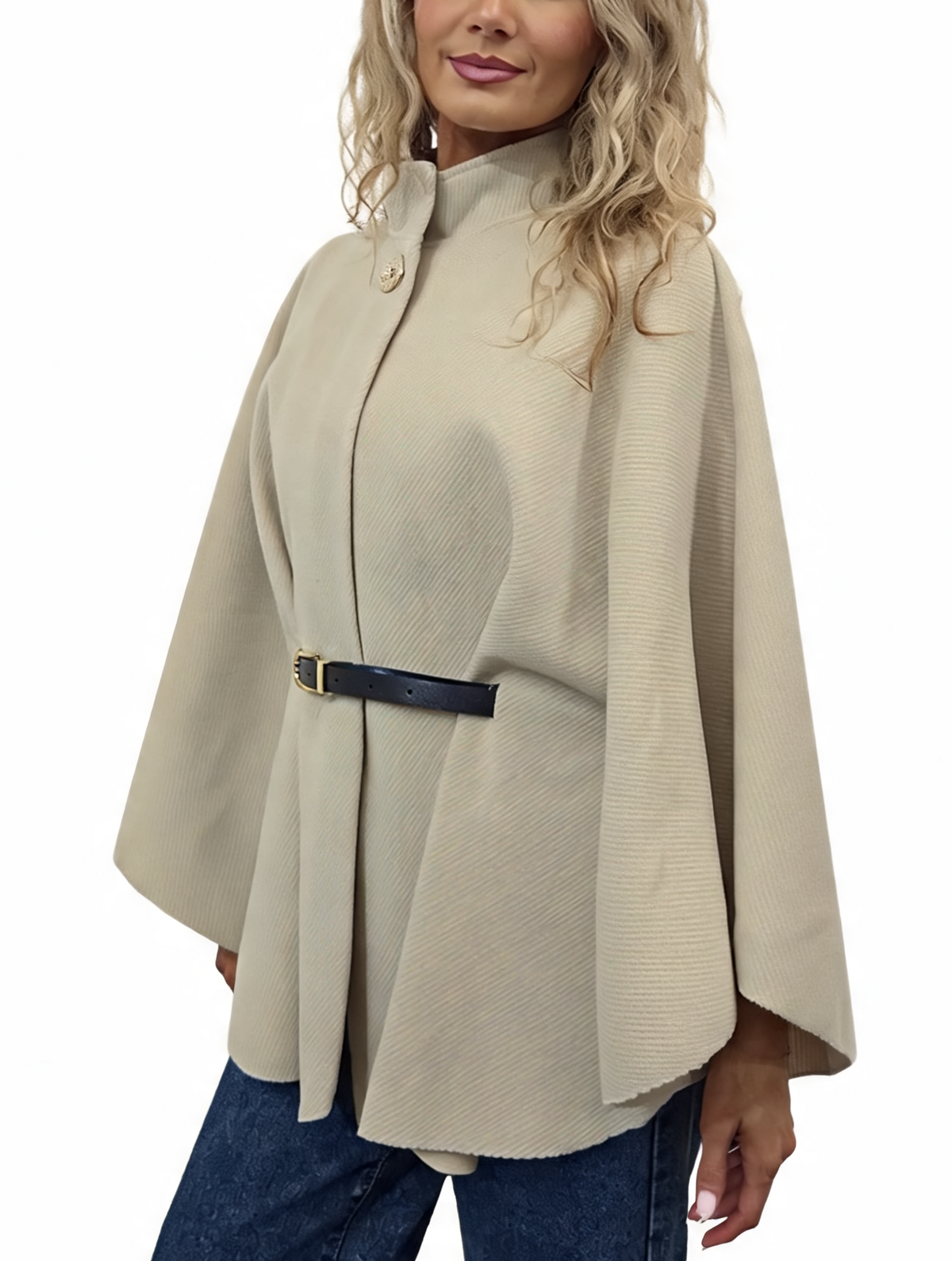 Diagonal stripe belted wrap jacket with funnel neck, cream, adjustable side belt