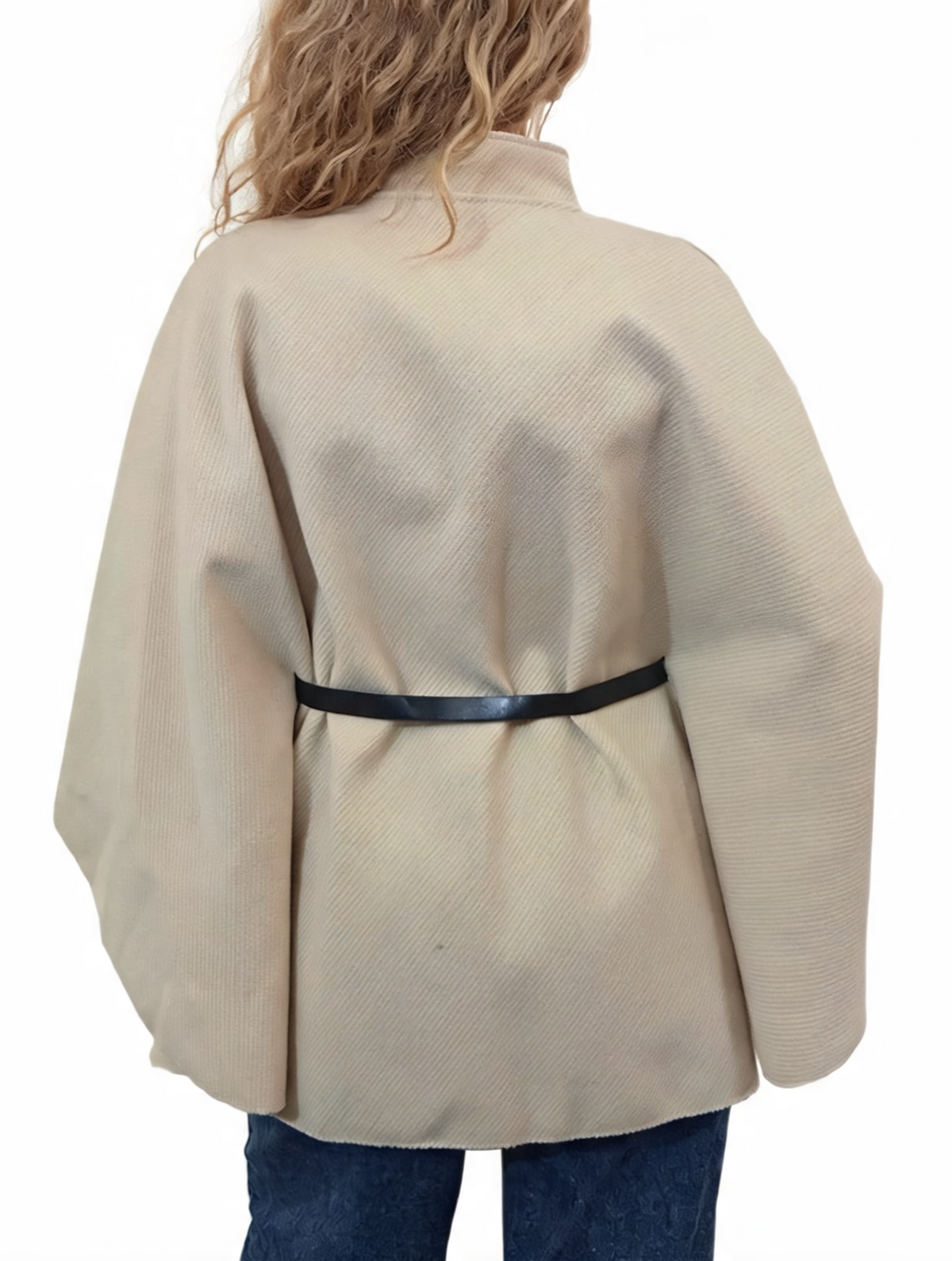 Diagonal stripe belted wrap jacket with funnel neck, cream, back view