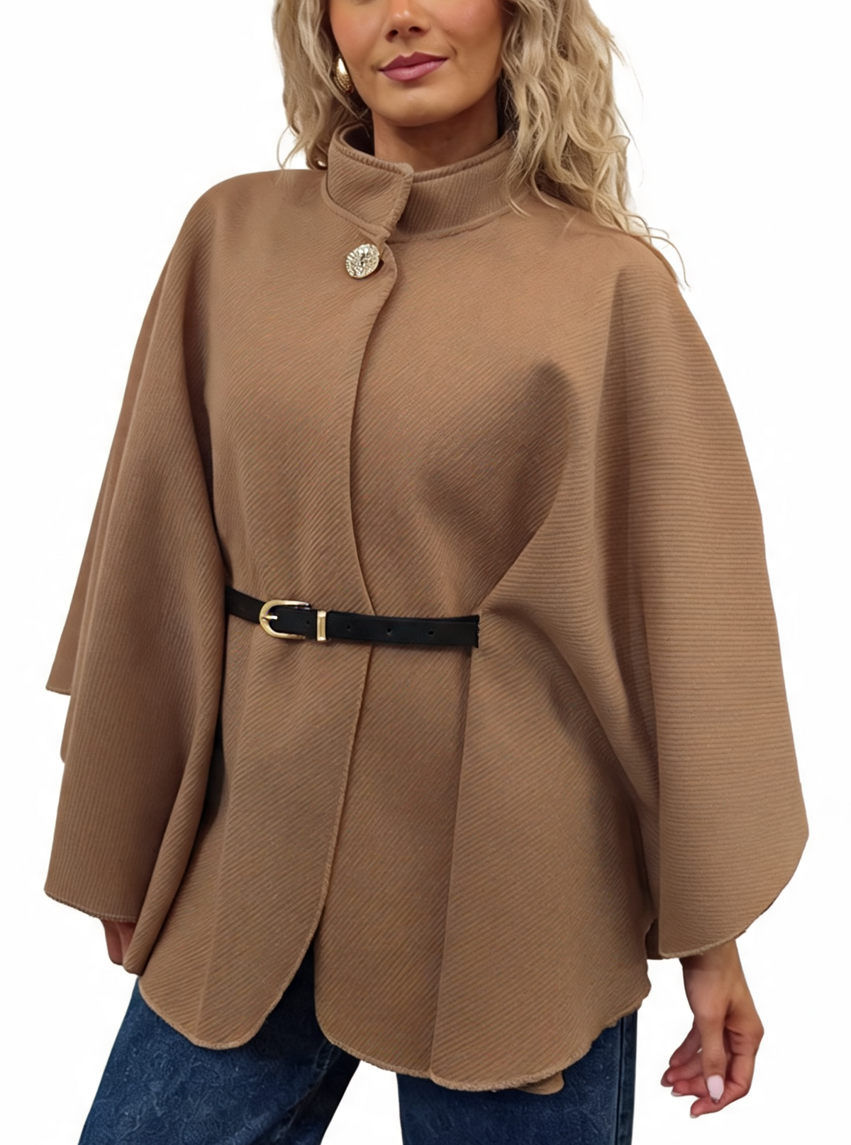 Camel tan belted wrap jacket poncho with funnel neck and diagonal stripe texture