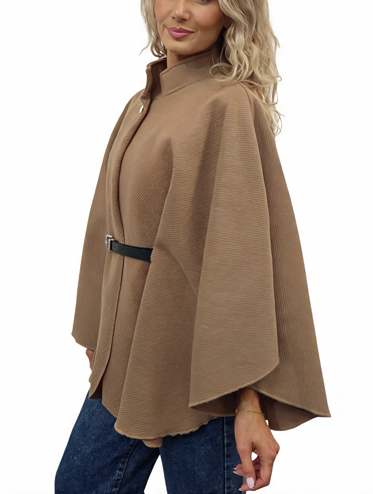 Diagonal stripe belted wrap jacket with funnel neck, brown, side belt detail