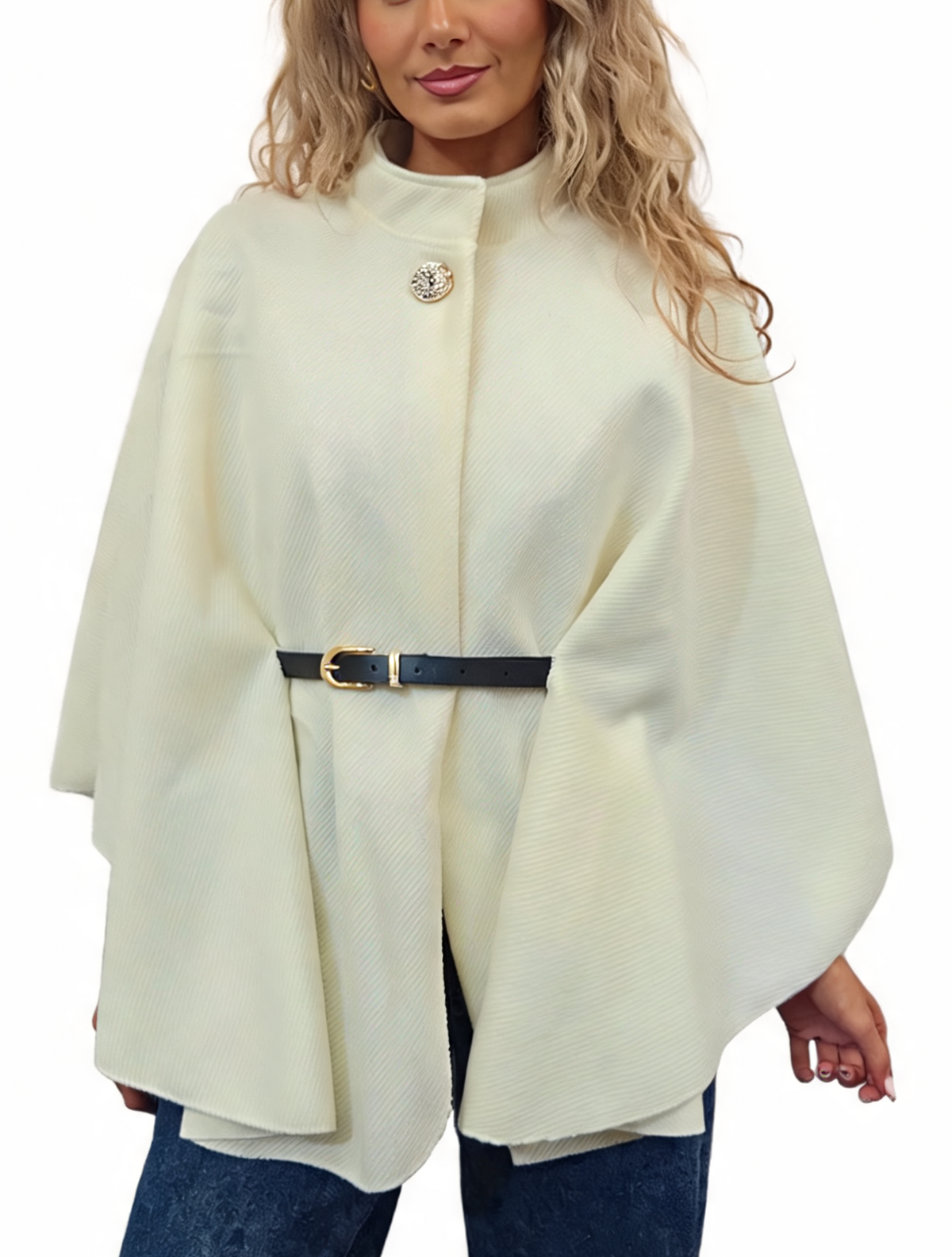 Light cream belted wrap jacket poncho with funnel neck and diagonal stripe texture