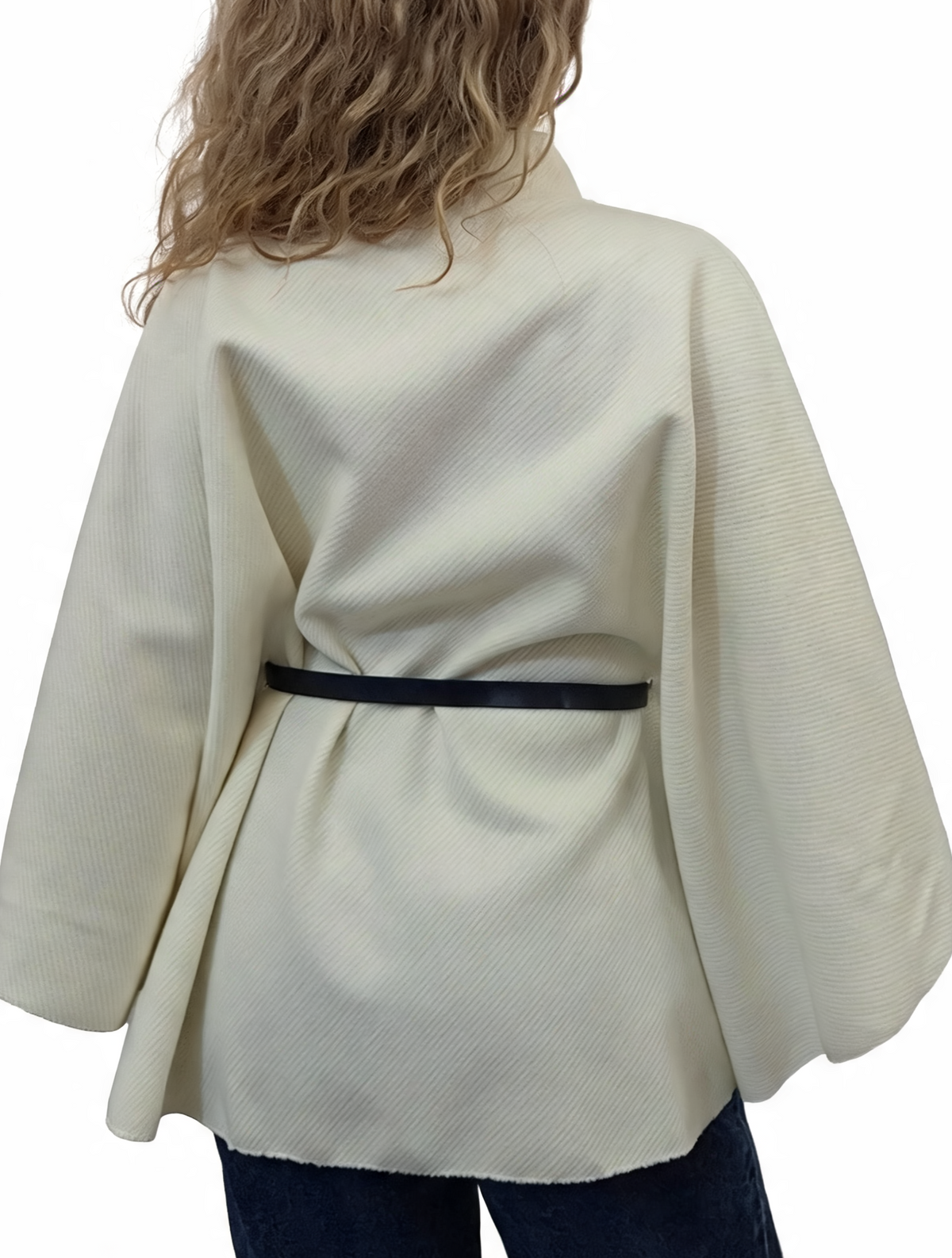 Diagonal stripe belted wrap jacket with funnel neck, cream, back view