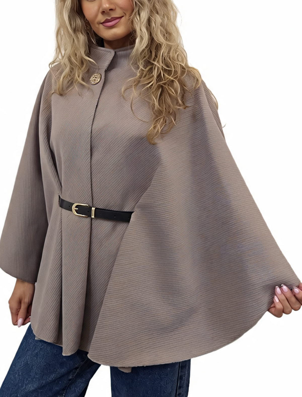 Diagonal stripe belted wrap jacket with funnel neck, light mauve-taupe, side belt