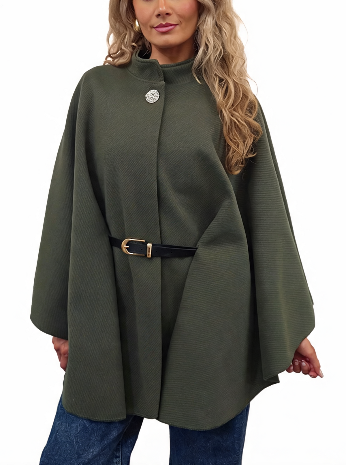 Dark green belted wrap jacket poncho with funnel neck and diagonal stripe texture