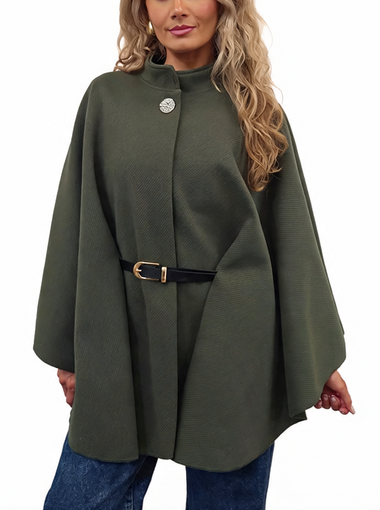 Dark green belted wrap jacket poncho with funnel neck and diagonal stripe texture