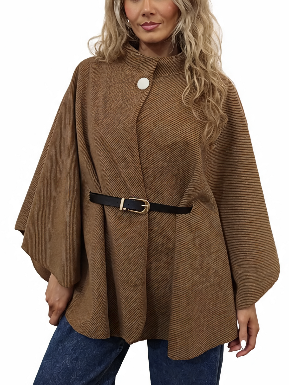 Dark brown belted wrap jacket poncho with funnel neck and diagonal stripe texture