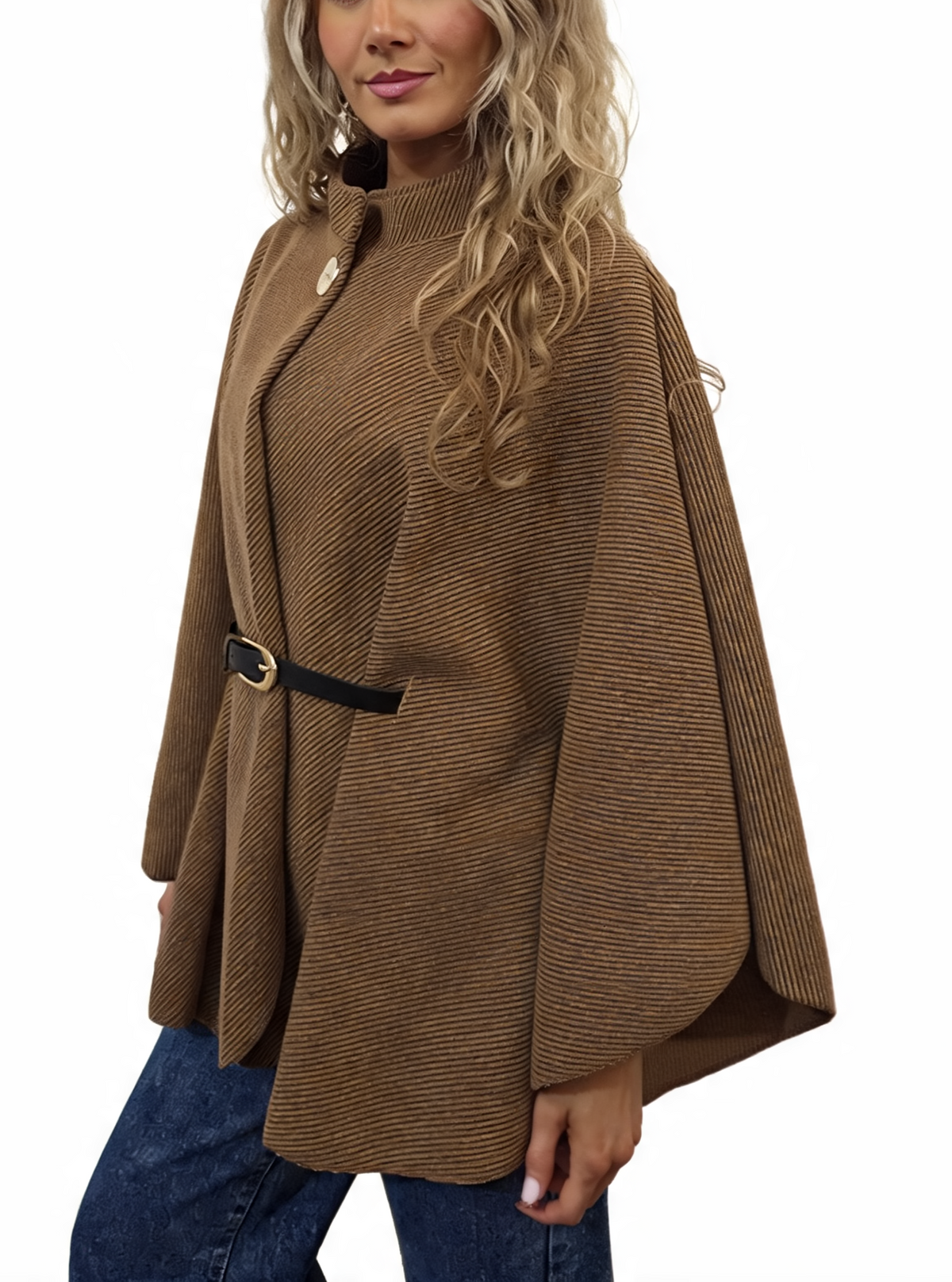 Diagonal stripe belted wrap jacket with funnel neck, mocha brown, side belt