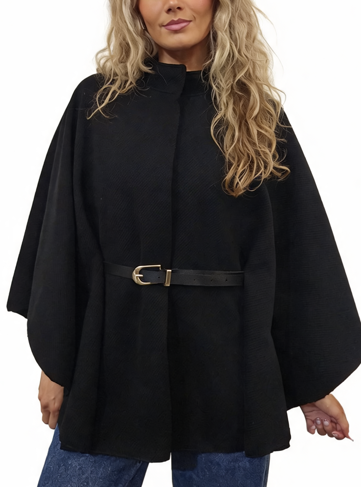 Black belted wrap jacket poncho with funnel neck and diagonal stripe texture