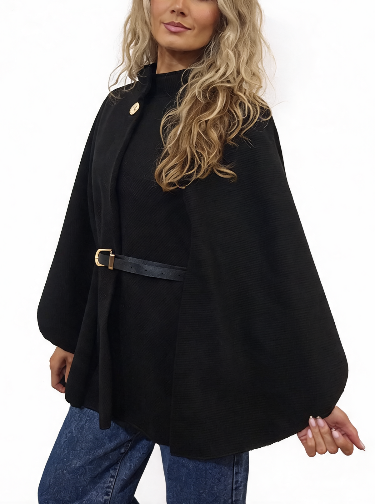 Black wrap jacket poncho with funnel neck and waist belt, long sleeves