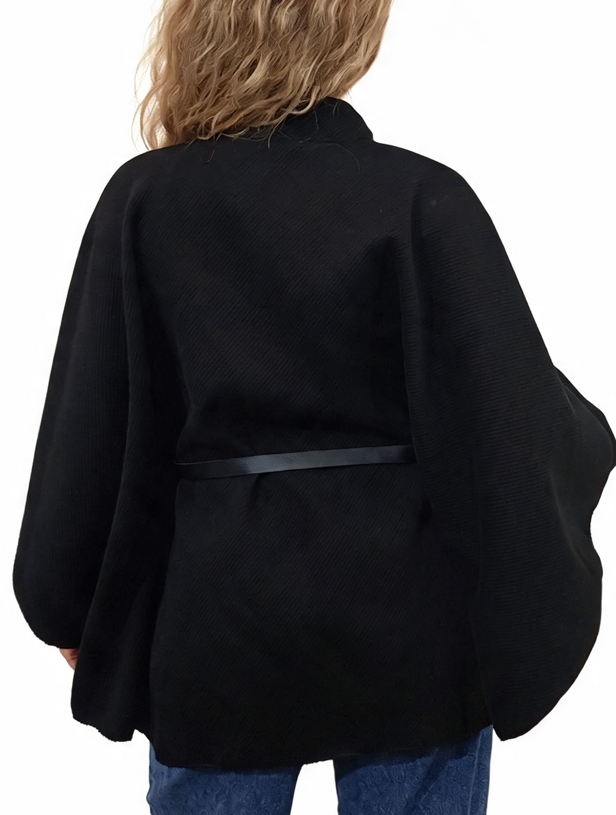 Black wrap jacket poncho with funnel neck and waist belt, back view, long sleeves