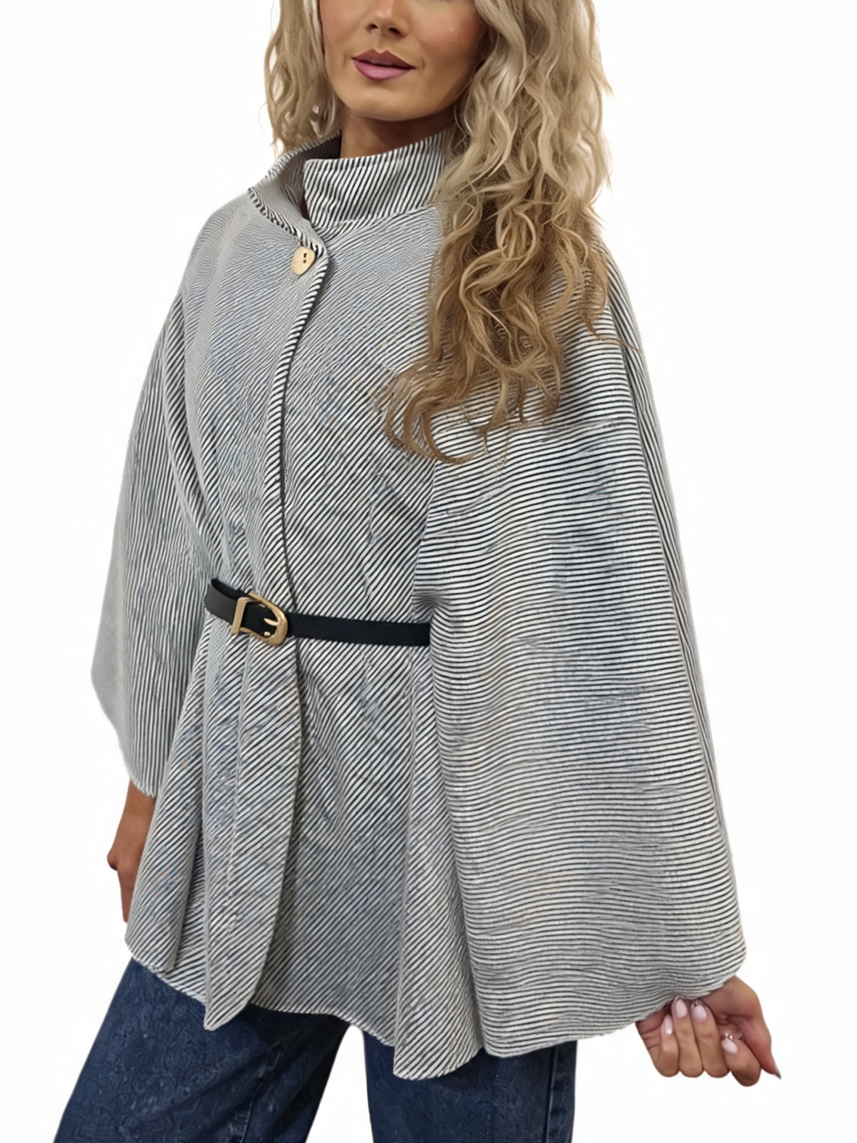 Grey diagonal stripe wrap jacket poncho with funnel neck and waist belt, long sleeves