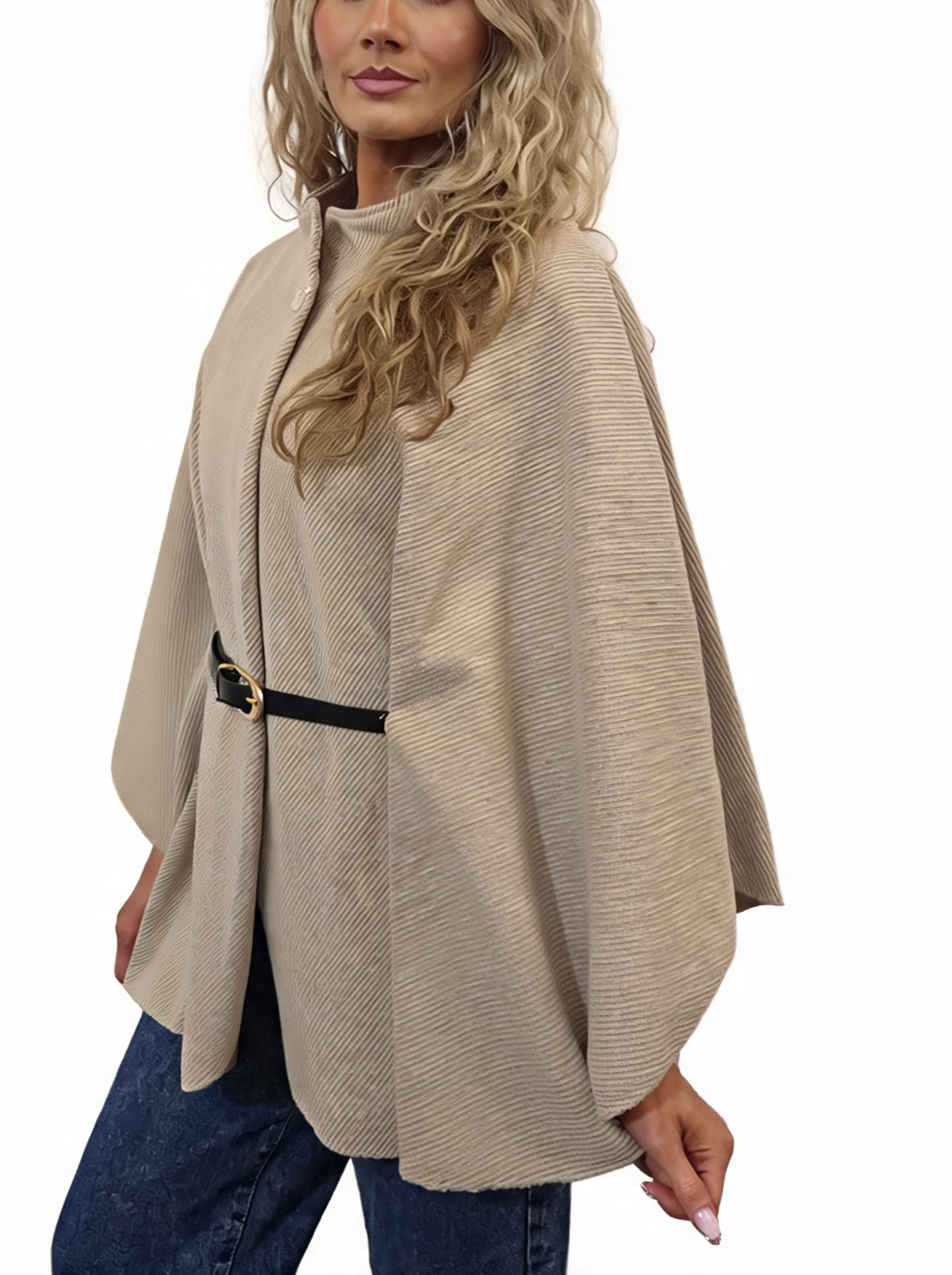 Beige diagonal stripe wrap jacket poncho with funnel neck and waist belt, long sleeves