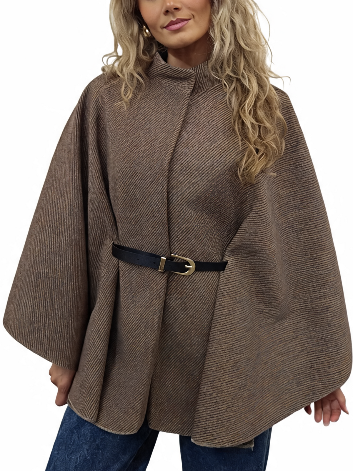 Medium brown belted wrap jacket poncho with funnel neck and diagonal stripe texture