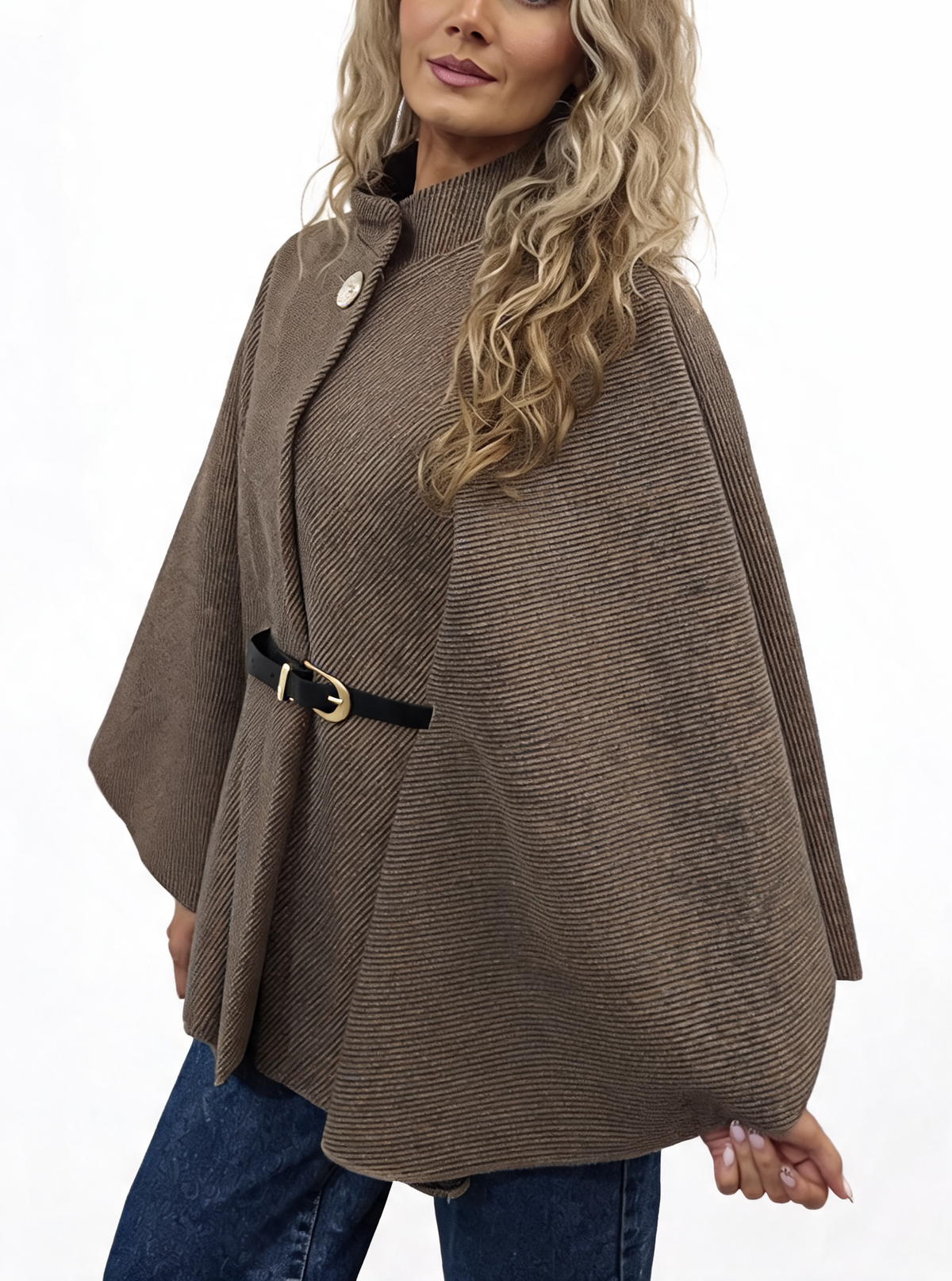 Diagonal stripe belted wrap jacket with funnel neck, dark brown, side belt