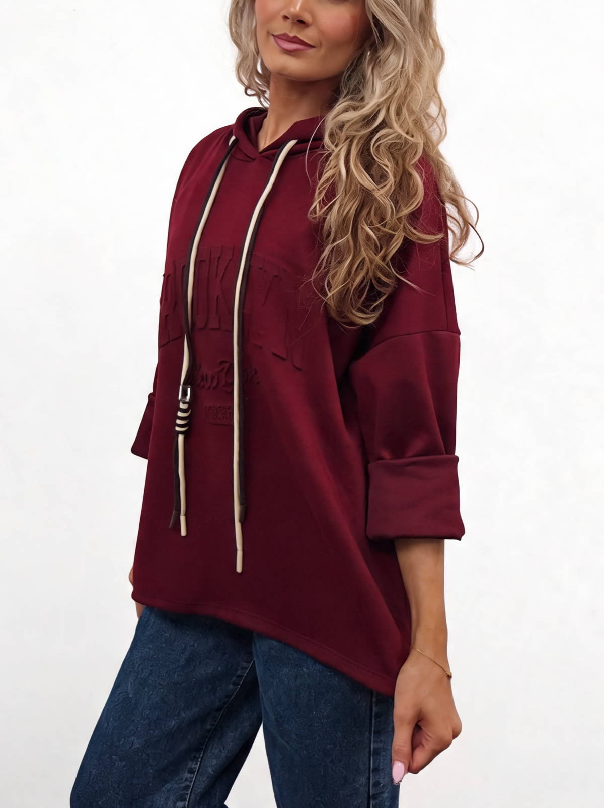 Burgundy oversized hooded sweatshirt with embossed 'Brooklyn New York' and contrast drawstrings
