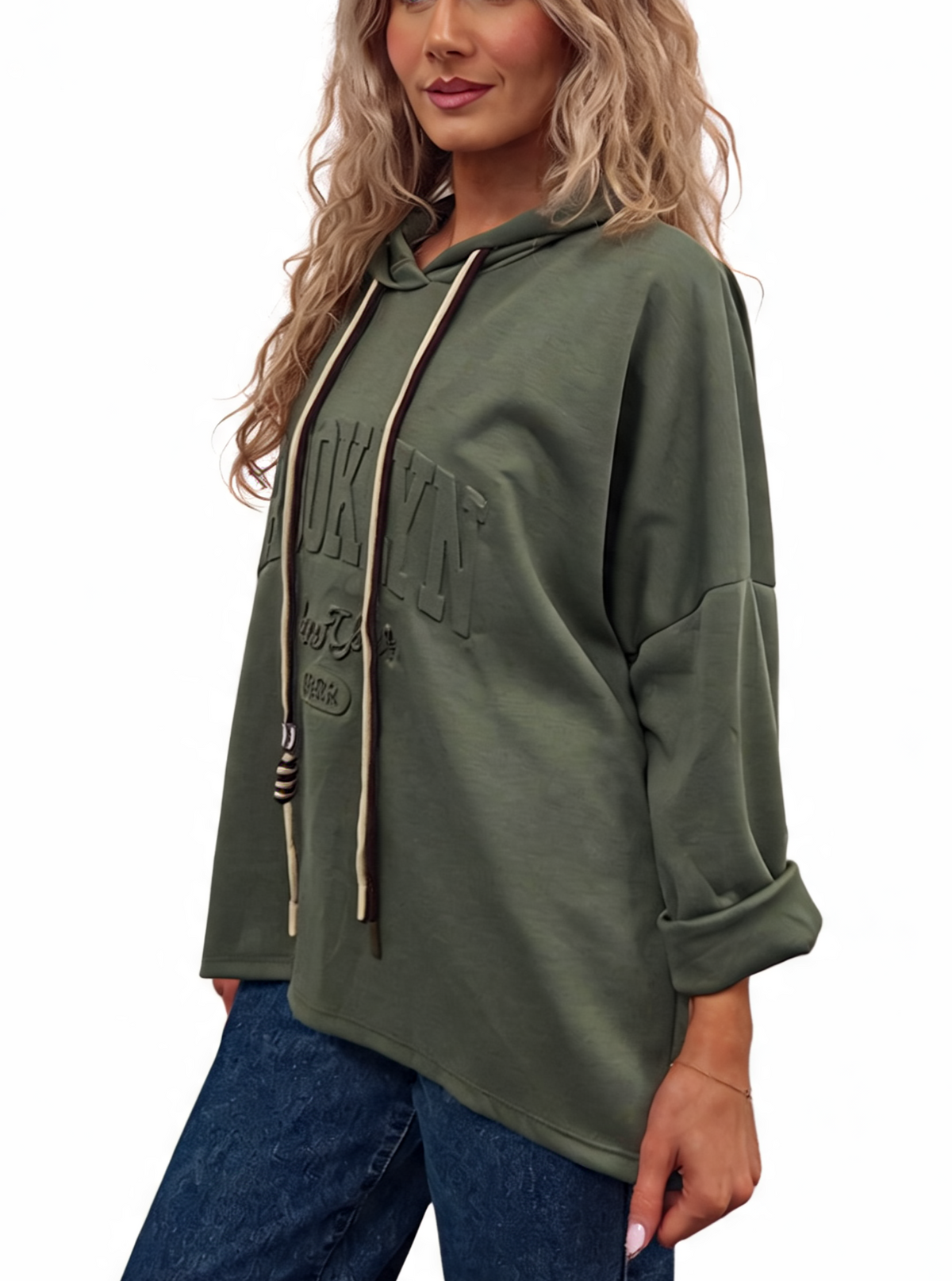 Olive green oversized hooded sweatshirt with contrast drawstrings and embossed front logo