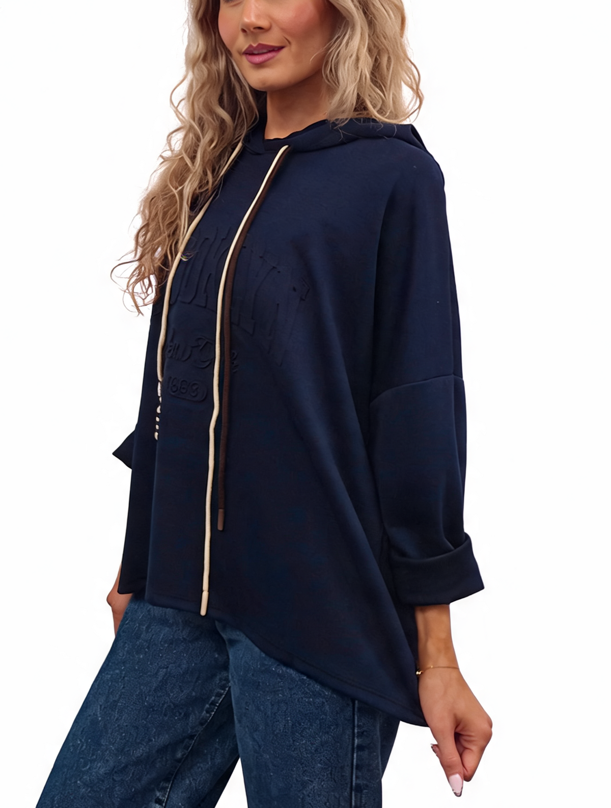 Navy blue oversized hooded sweatshirt with contrast drawstrings and embossed front logo