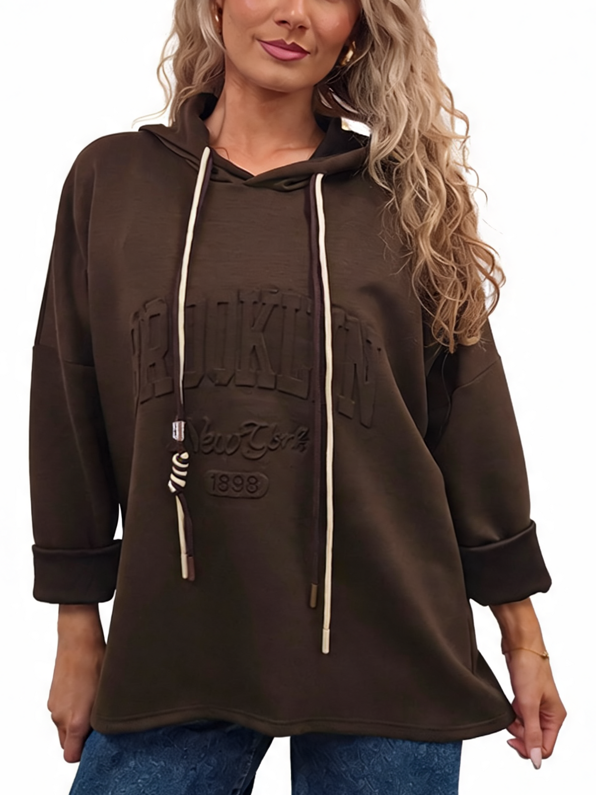 Oversized hooded sweatshirt in dark brown with contrast drawstrings and embossed front logo