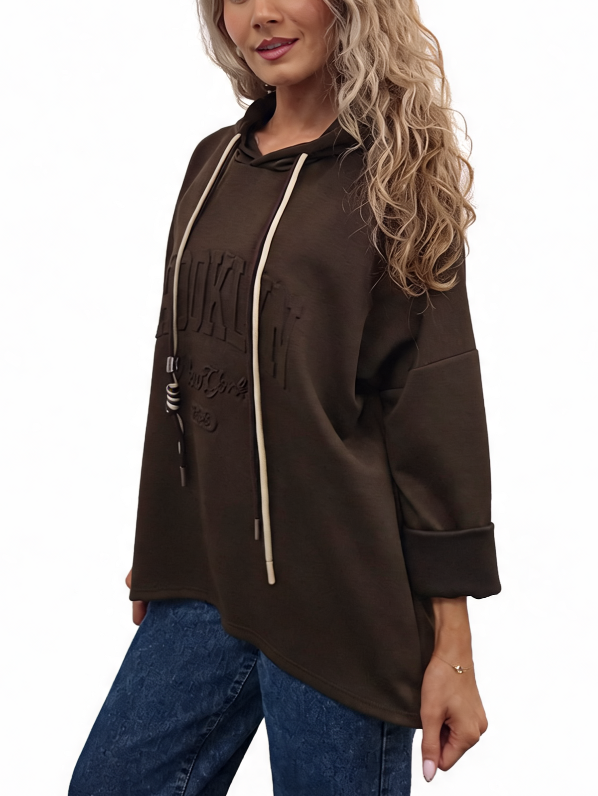 Dark brown oversized hooded sweatshirt with contrast drawstrings and embossed front logo