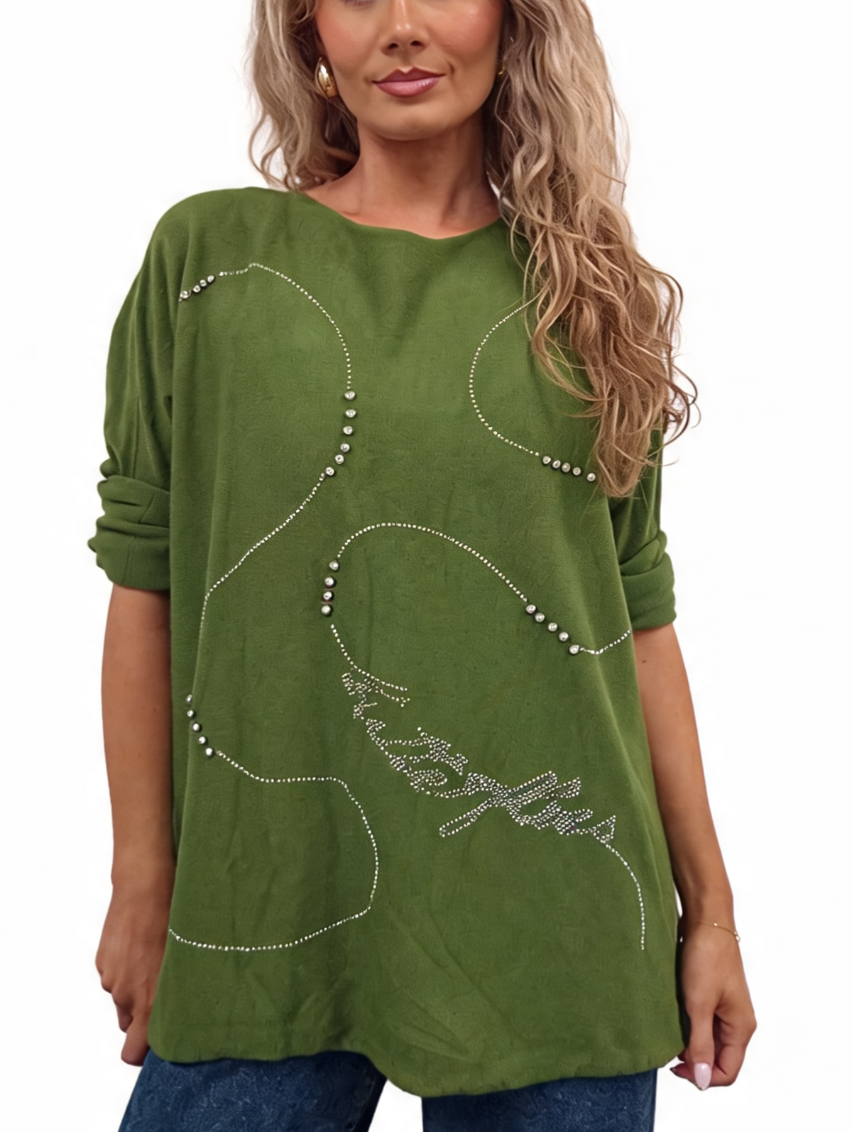 Oversized Crystal & Pearl Embellished Boat Neck with Abstract Line Art Design and Side Splits Jumper