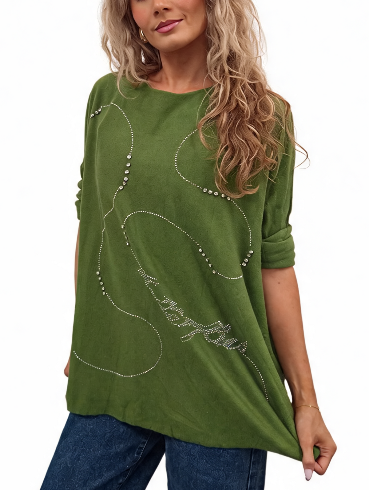 Oversized Crystal & Pearl Embellished Boat Neck with Abstract Line Art Design and Side Splits Jumper