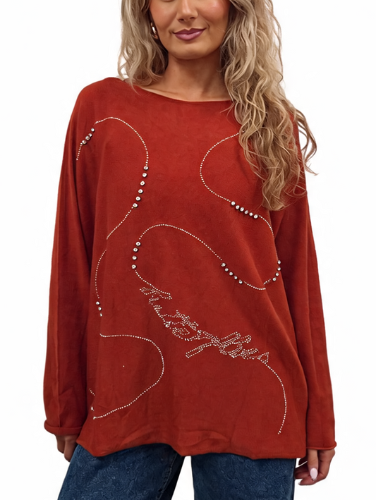 Oversized Crystal & Pearl Embellished Boat Neck with Abstract Line Art Design and Side Splits Jumper