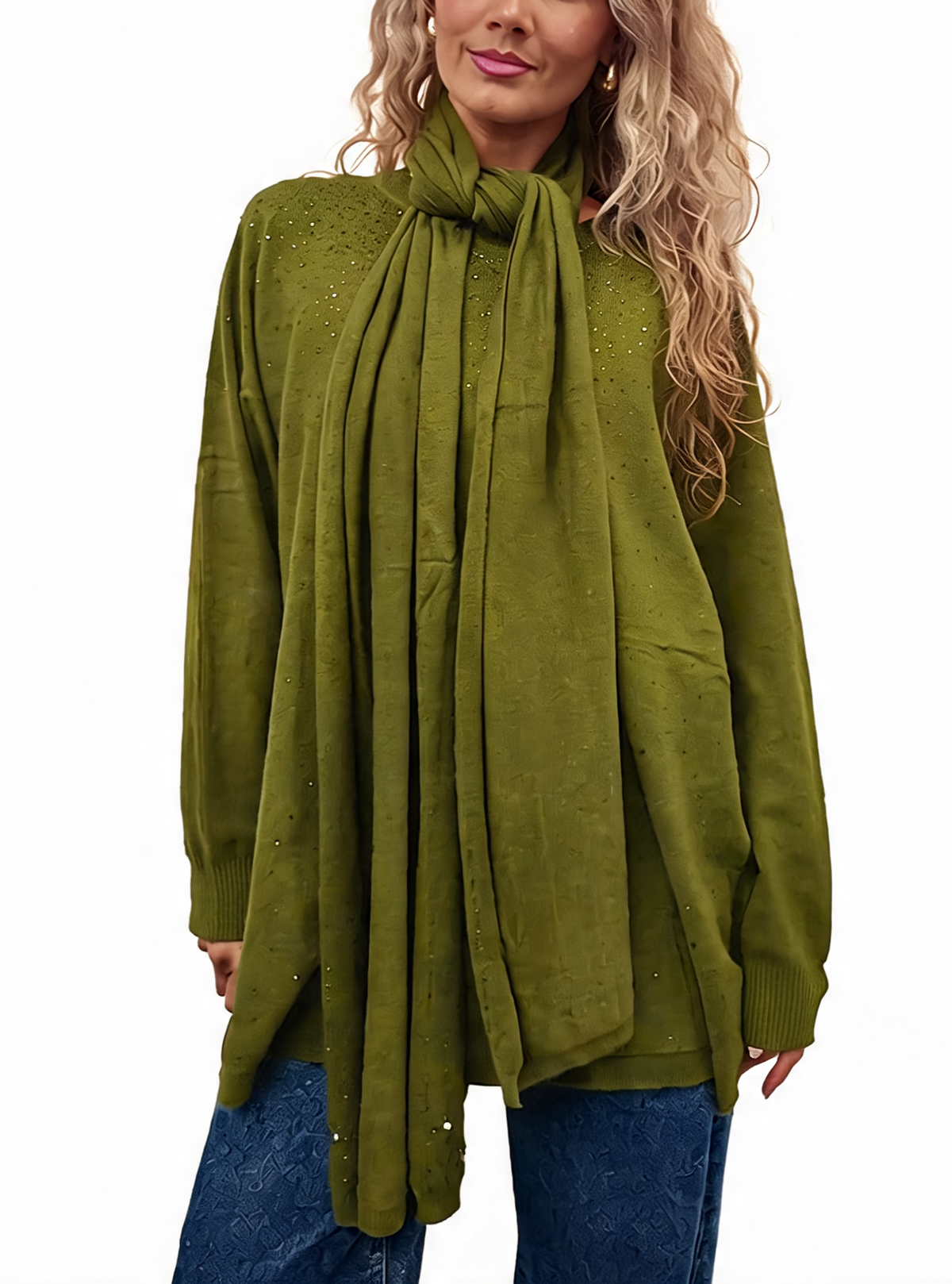 Olive green fine-knit jumper with matching scarf tie and tiny all-over sparkle details