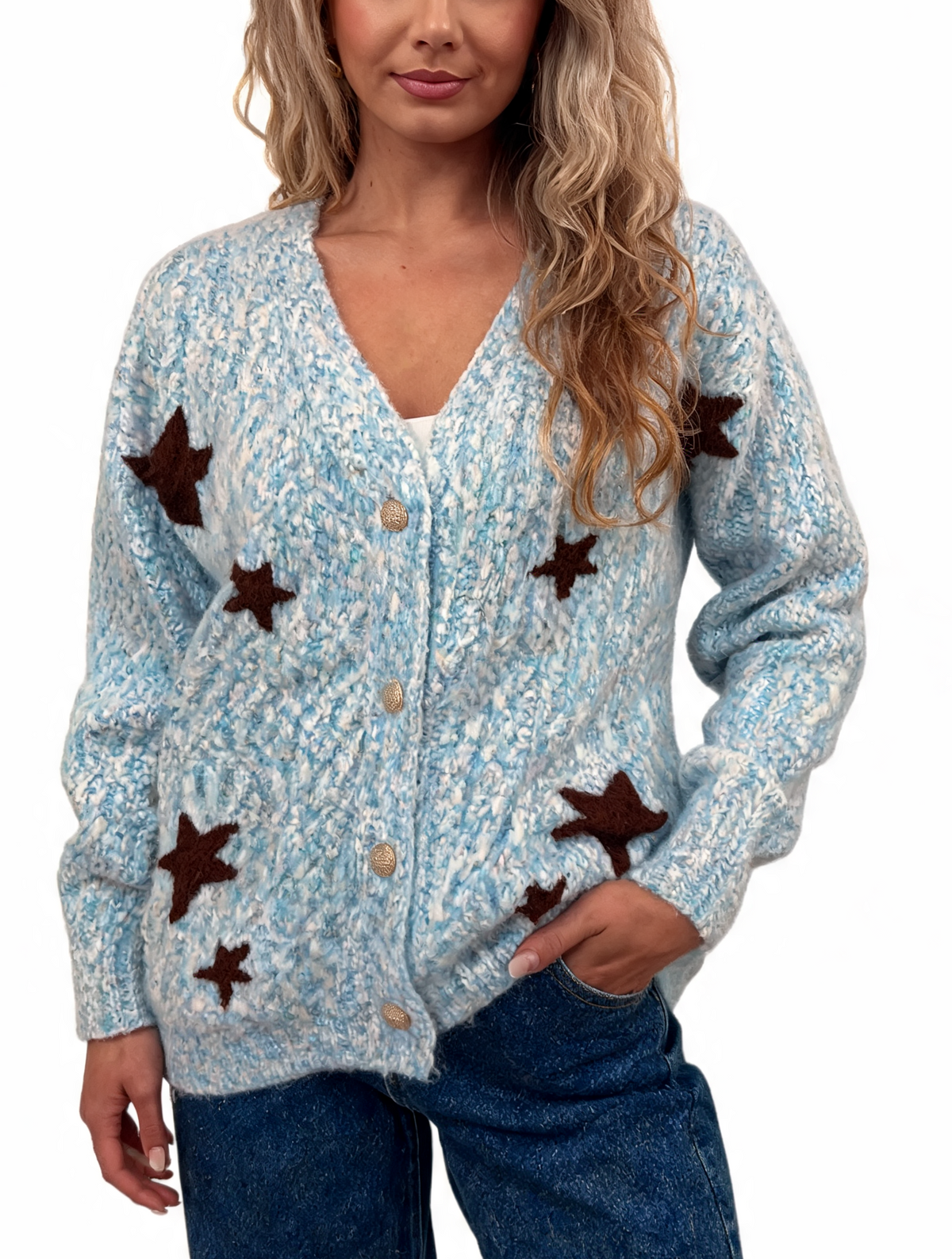 Fluffy marl-knit cardigan with star pattern and gold-tone button front, light sky blue base