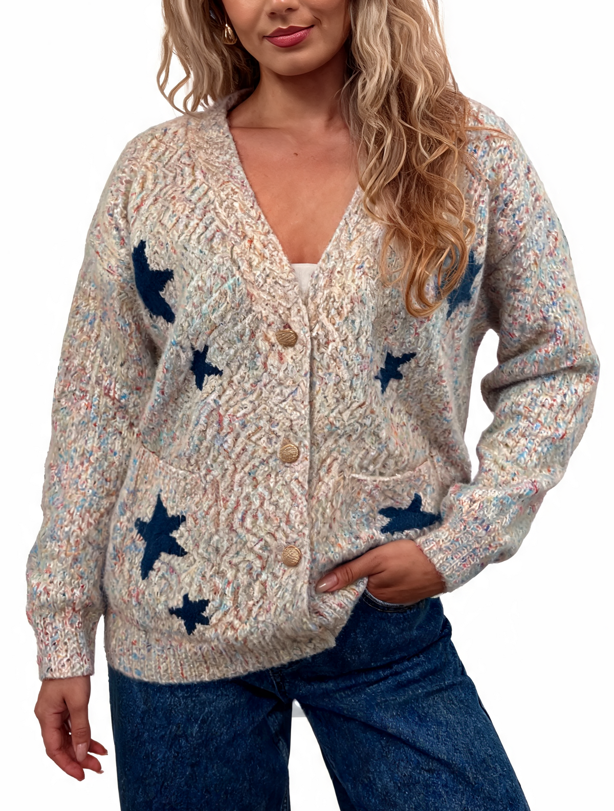Fluffy marl-knit cardigan with star pattern and gold-tone button front, multicolor speckle