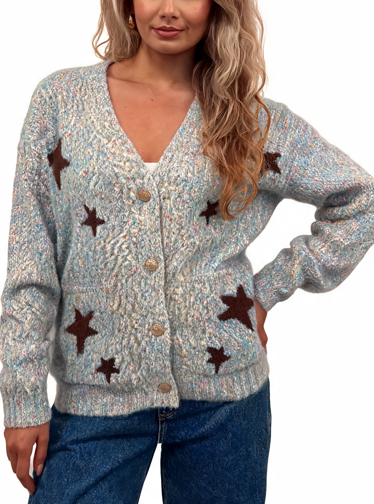 Fluffy marl-knit cardigan with star pattern and gold-tone button front, blue speckle