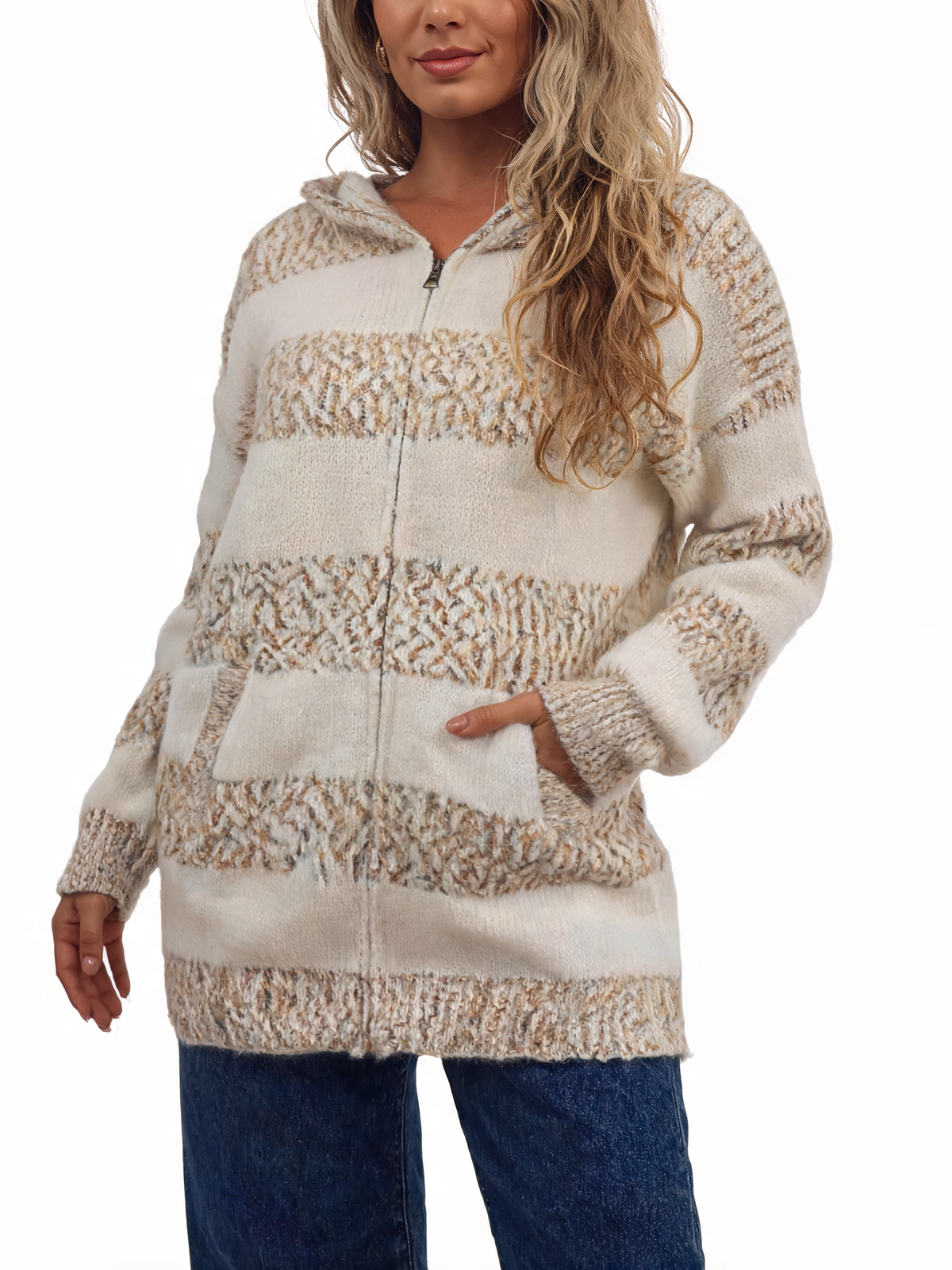 Fluffy striped zip-up knit hoodie in cream and tan speckled stripes, hood, kangaroo pocket