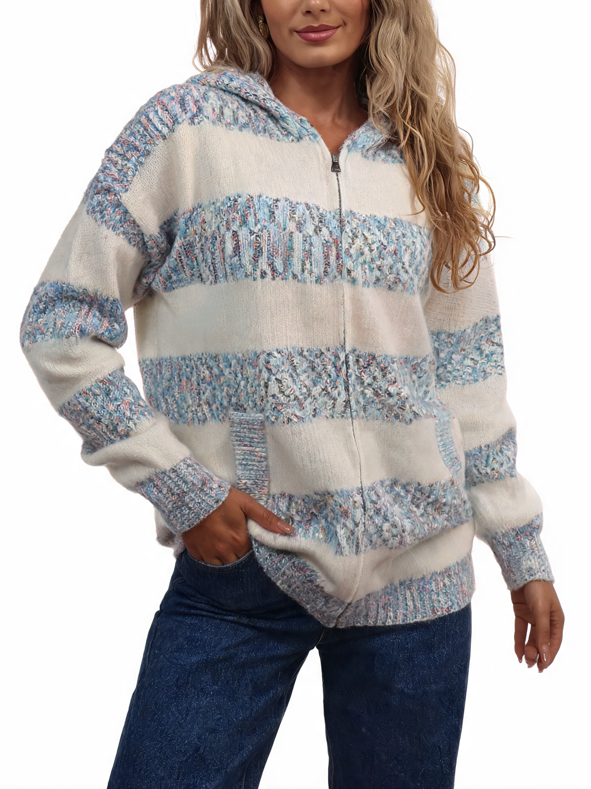 Fluffy striped zip-up knit hoodie in light blue and cream speckled stripes, hood, kangaroo pocket