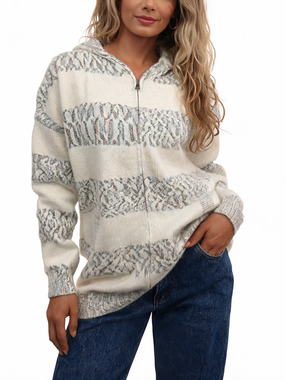 Fluffy striped zip-up knit hoodie in grey and cream speckled stripes, hood, kangaroo pocket