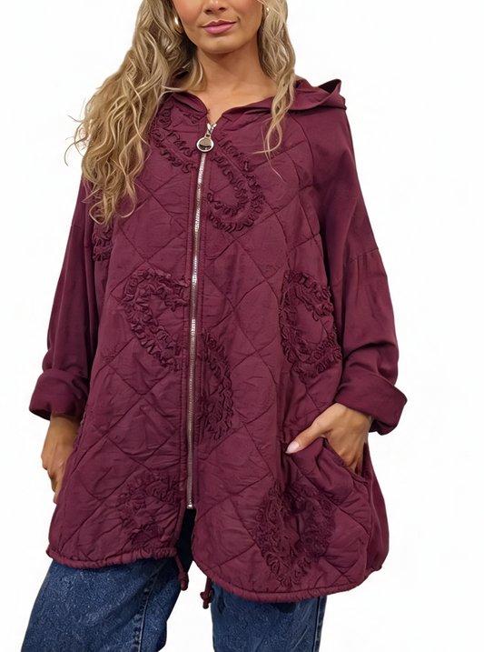 Quilted Hooded Jacket with Ruffle Heart Detail Lagenlook Coat