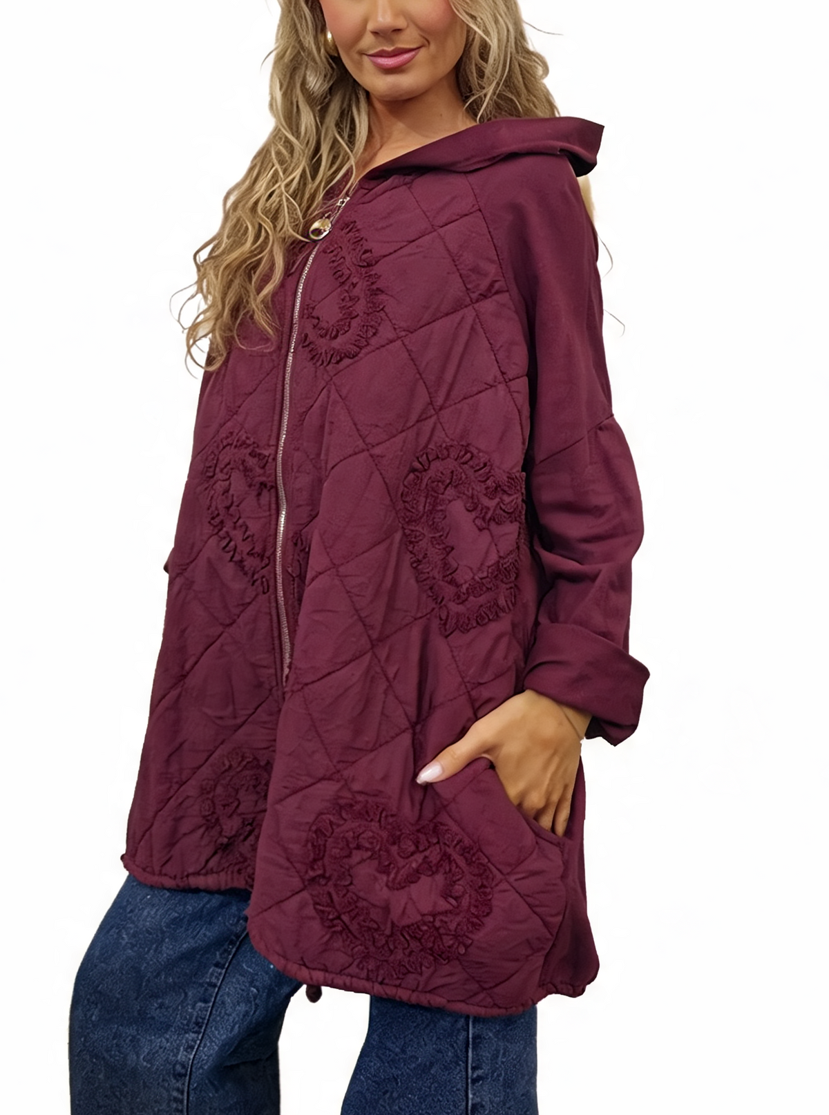 Quilted Hooded Jacket with Ruffle Heart Detail Lagenlook Coat