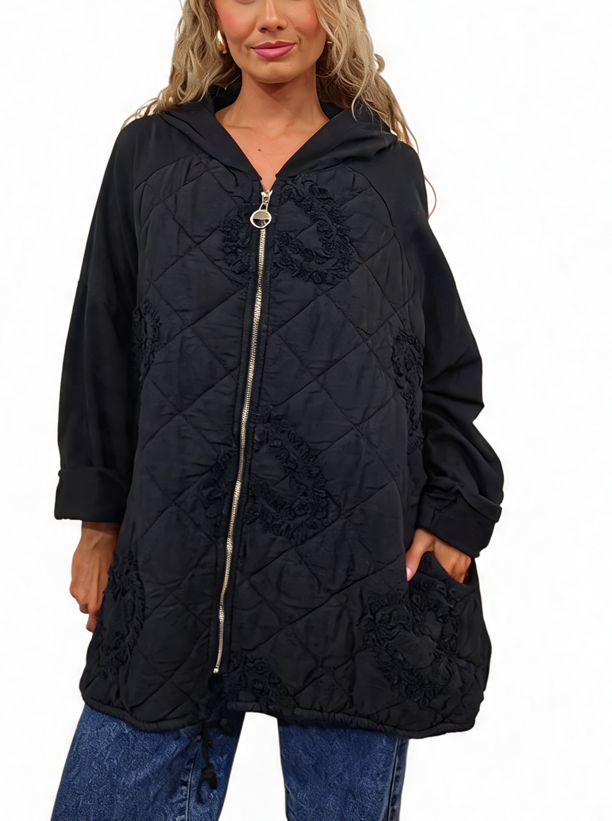 Quilted Hooded Jacket with Ruffle Heart Detail Lagenlook Coat