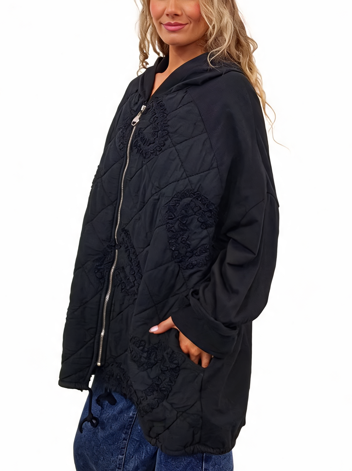 Quilted Hooded Jacket with Ruffle Heart Detail Lagenlook Coat
