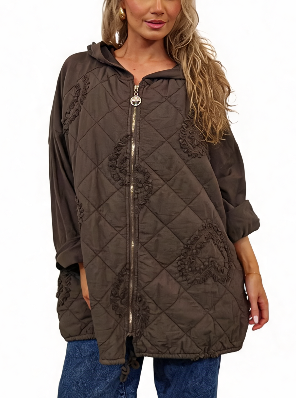 Quilted Hooded Jacket with Ruffle Heart Detail Lagenlook Coat