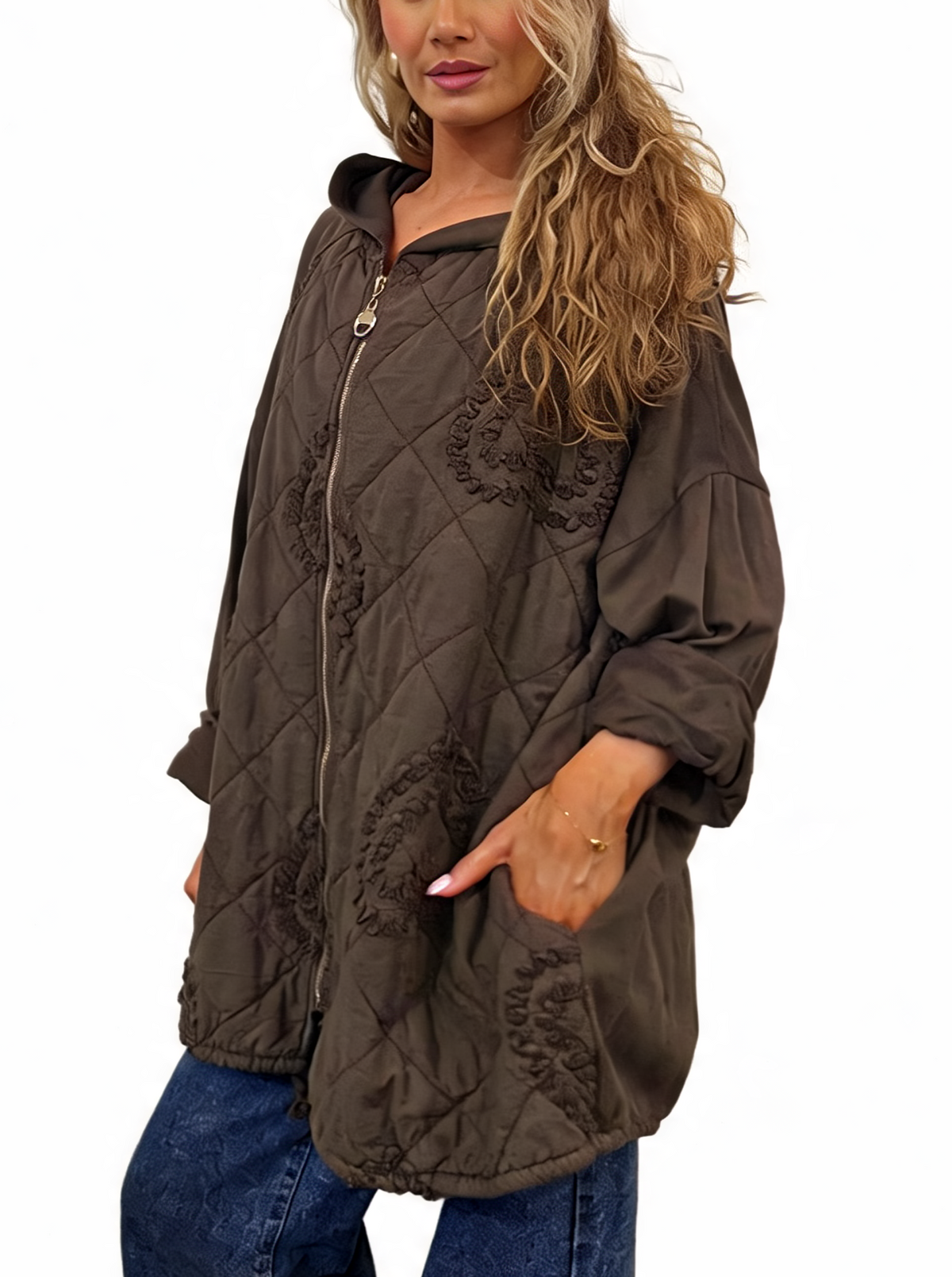 Quilted Hooded Jacket with Ruffle Heart Detail Lagenlook Coat