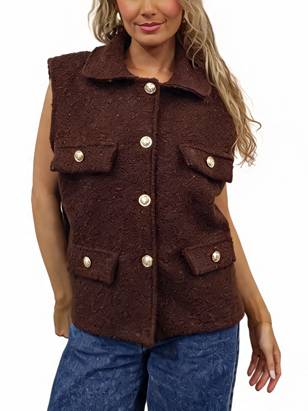 Dark brown textured boucle sleeveless gilet with collar, four flap pockets, gold buttons
