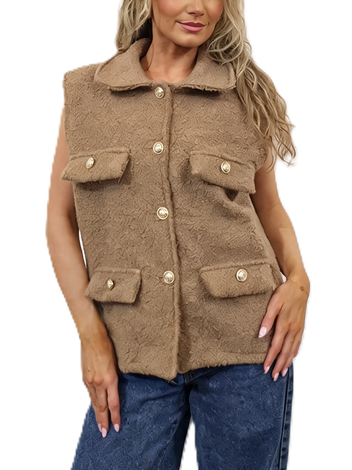 Beige textured boucle sleeveless gilet with collar, four flap pockets, gold buttons