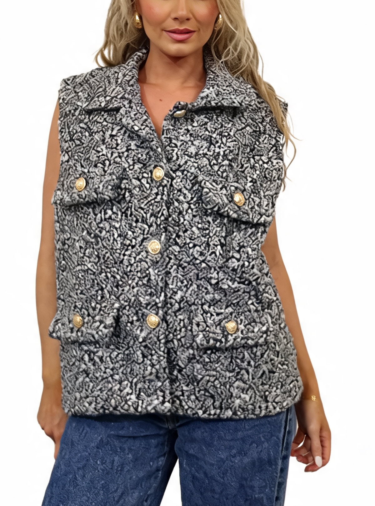Grey-and-black textured boucle sleeveless gilet with collar, four flap pockets, gold buttons